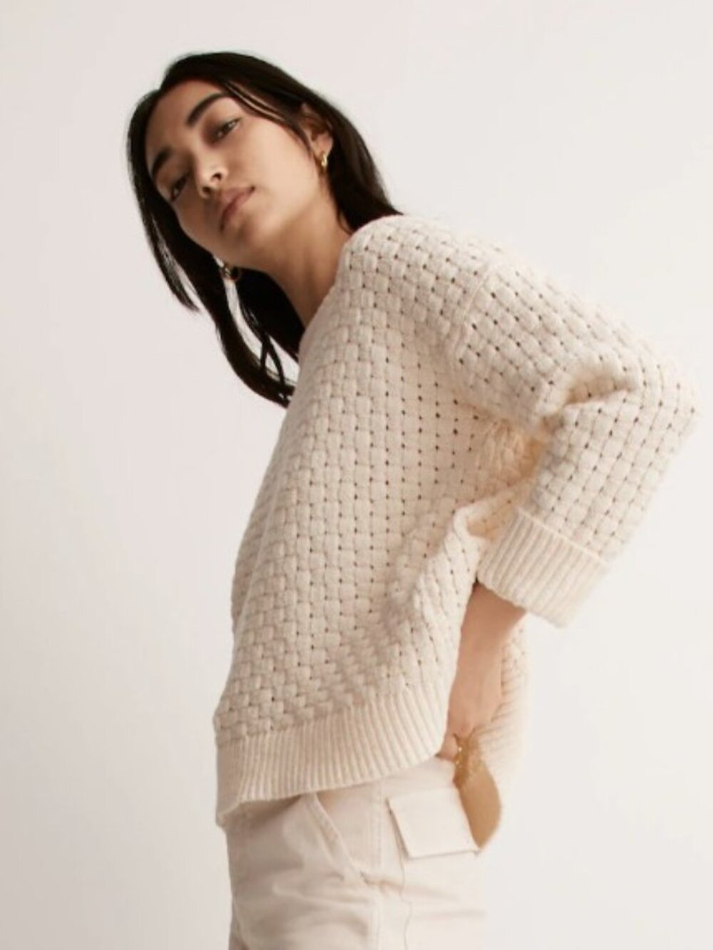 Madewell Cream Basketweave Stitch Sweater Textured Knit Cotton Blend Small